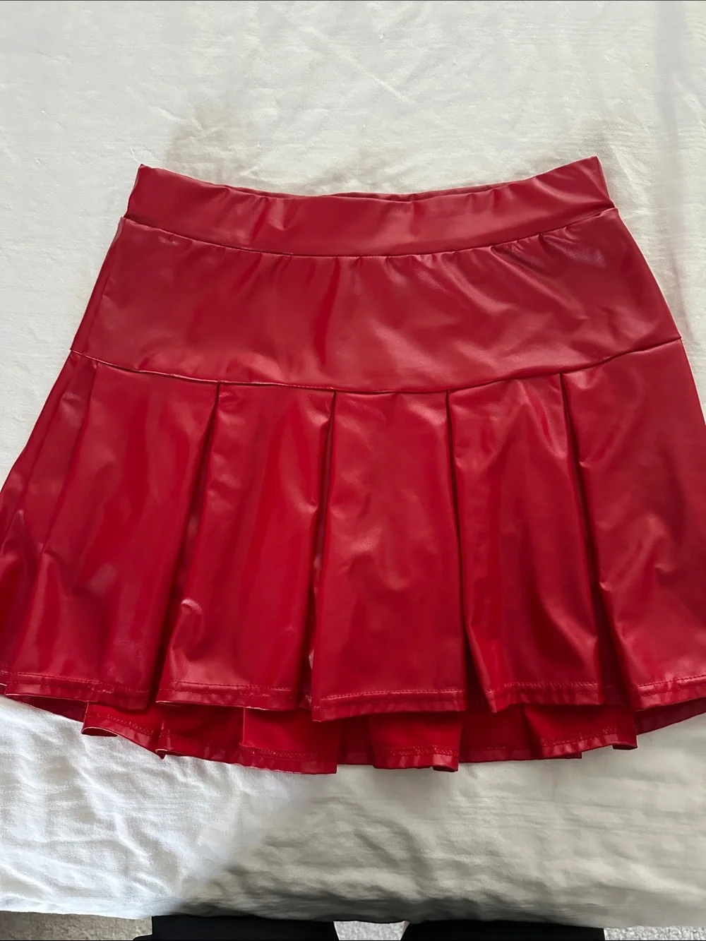 Red Pleated Vegan Leather Mini Skort